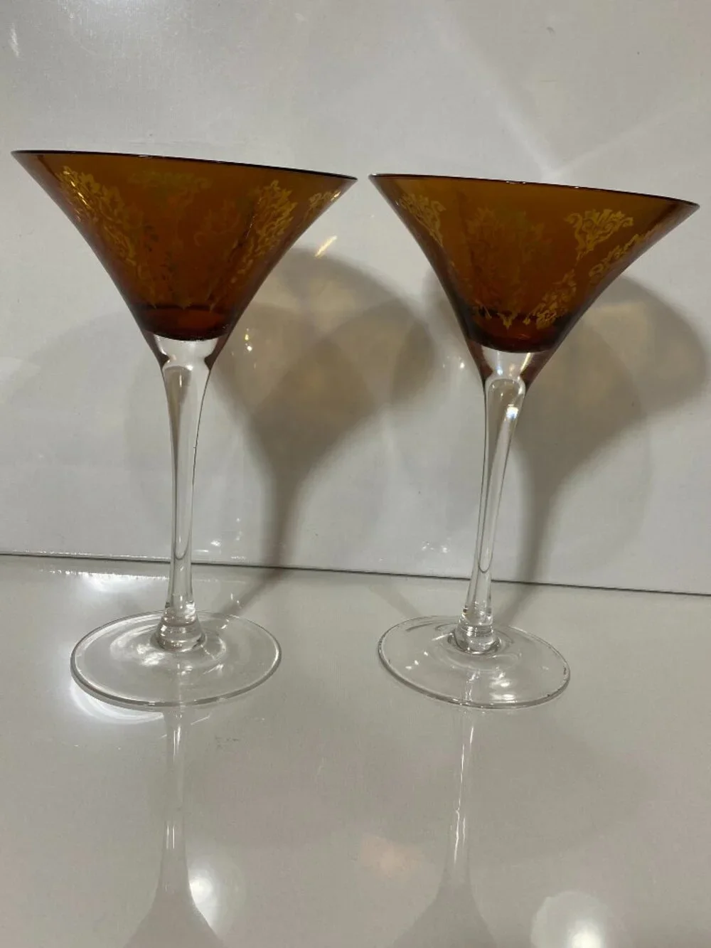 MCM Amber Gold Damask Martini Glasses Set of 2 Cocktail Glasses 8
